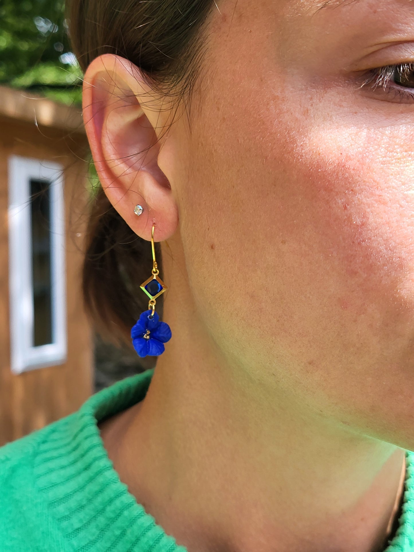 Blue and gold flower earrings