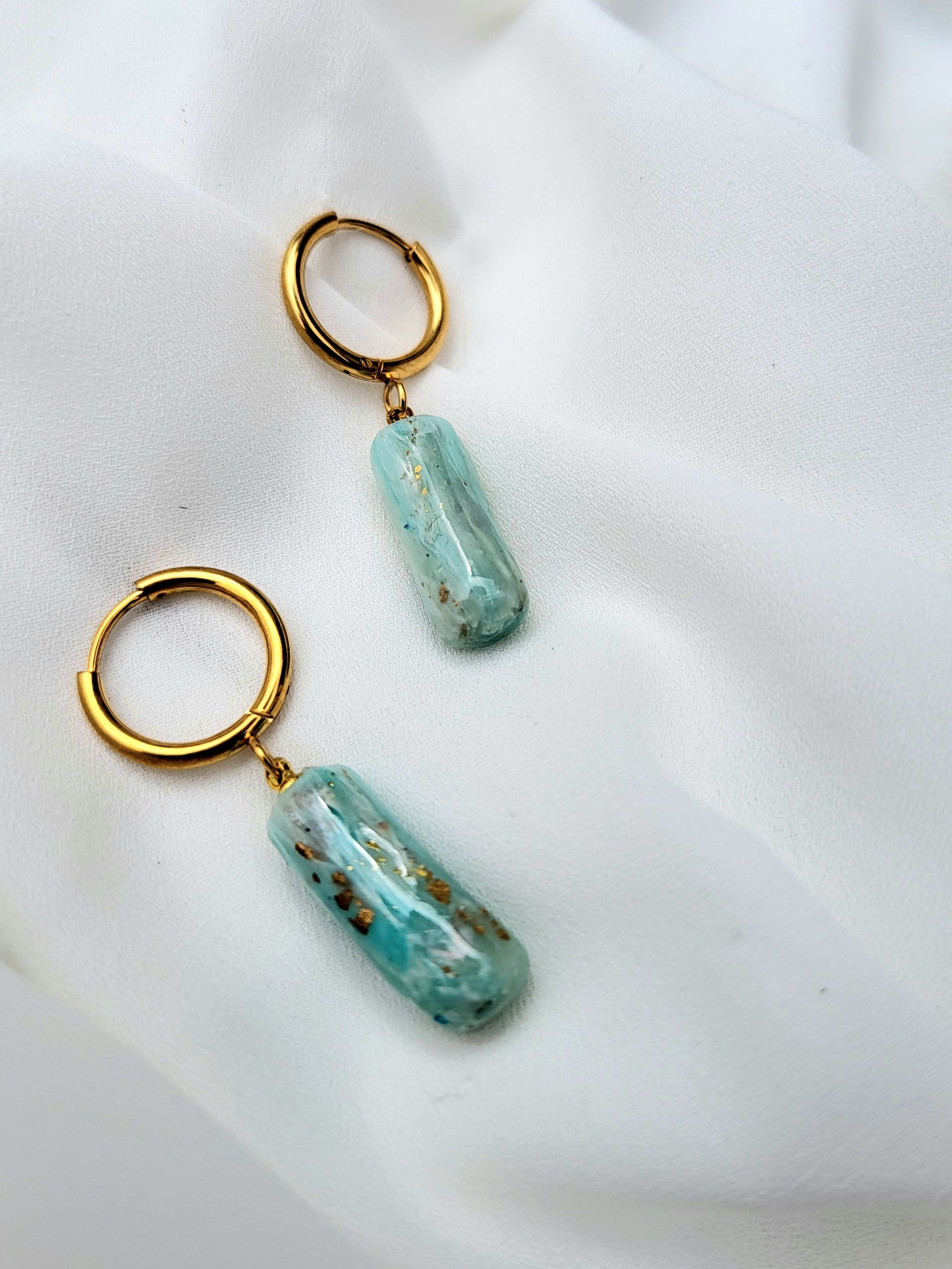 Light blue and gold stone effect hugging hoop earrings