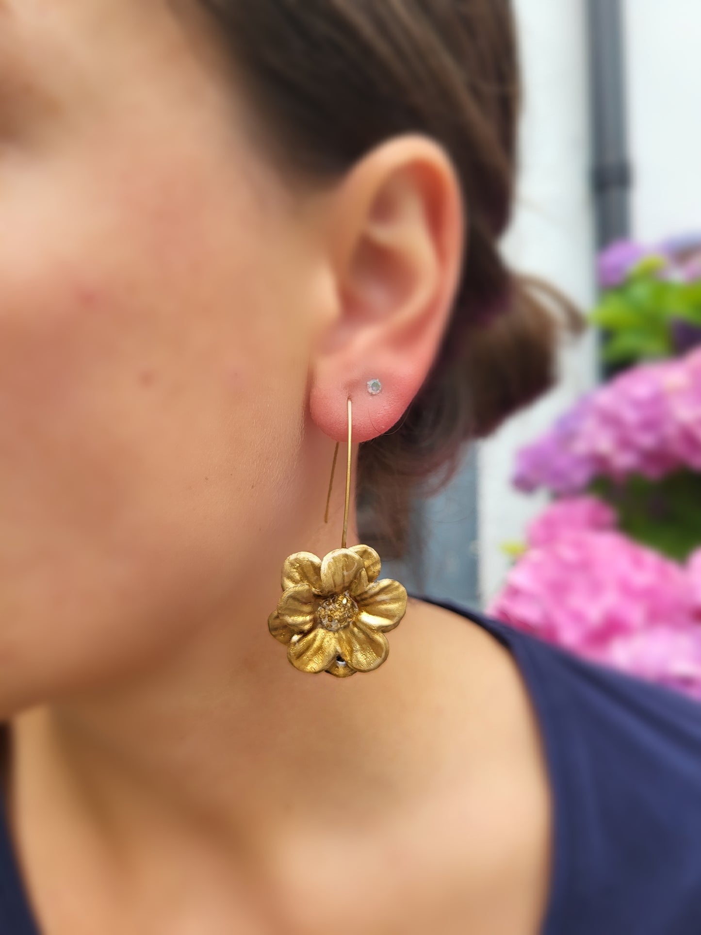 Gold Flower Dangle Drop Earrings