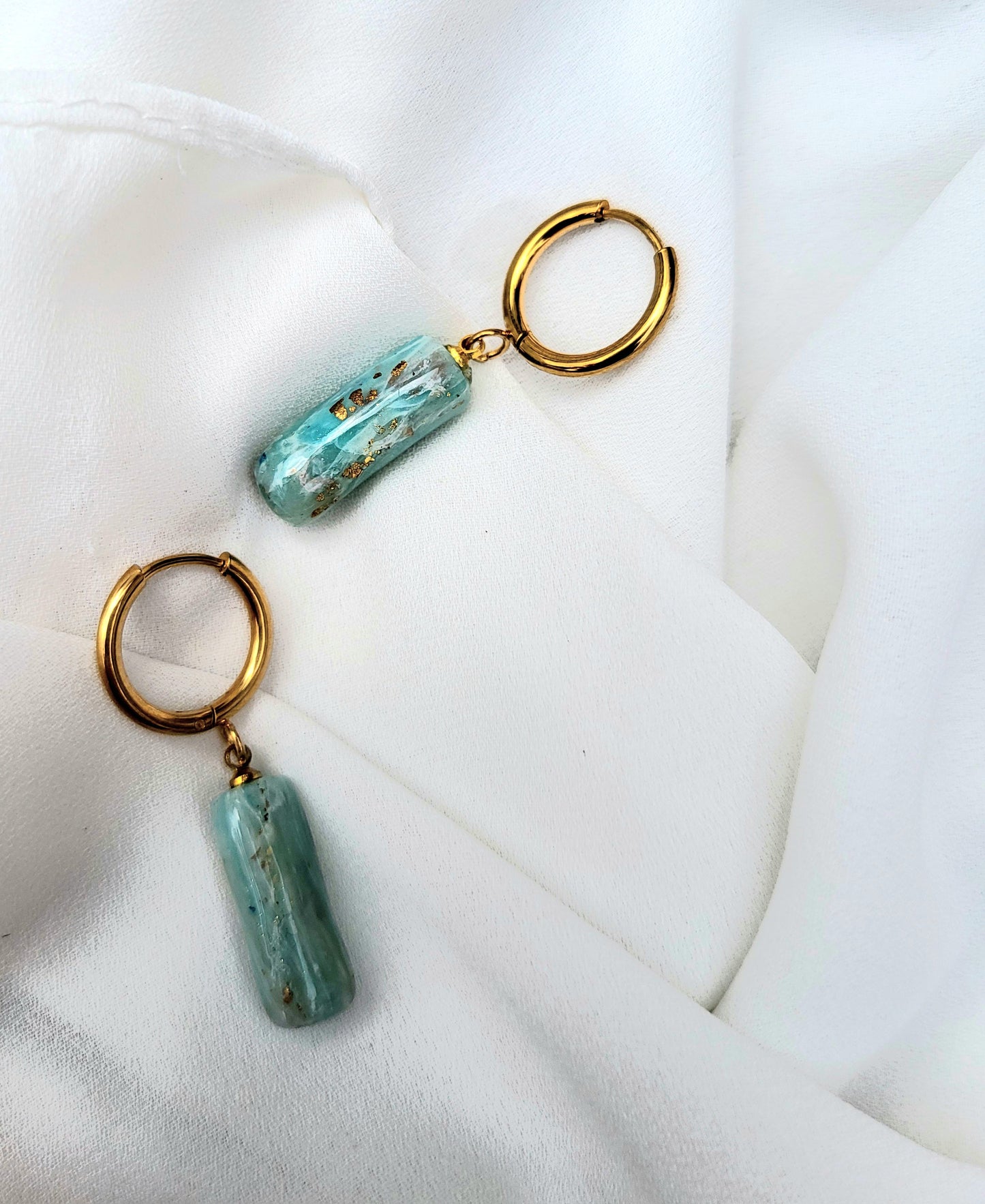 Light blue and gold stone effect hugging hoop earrings