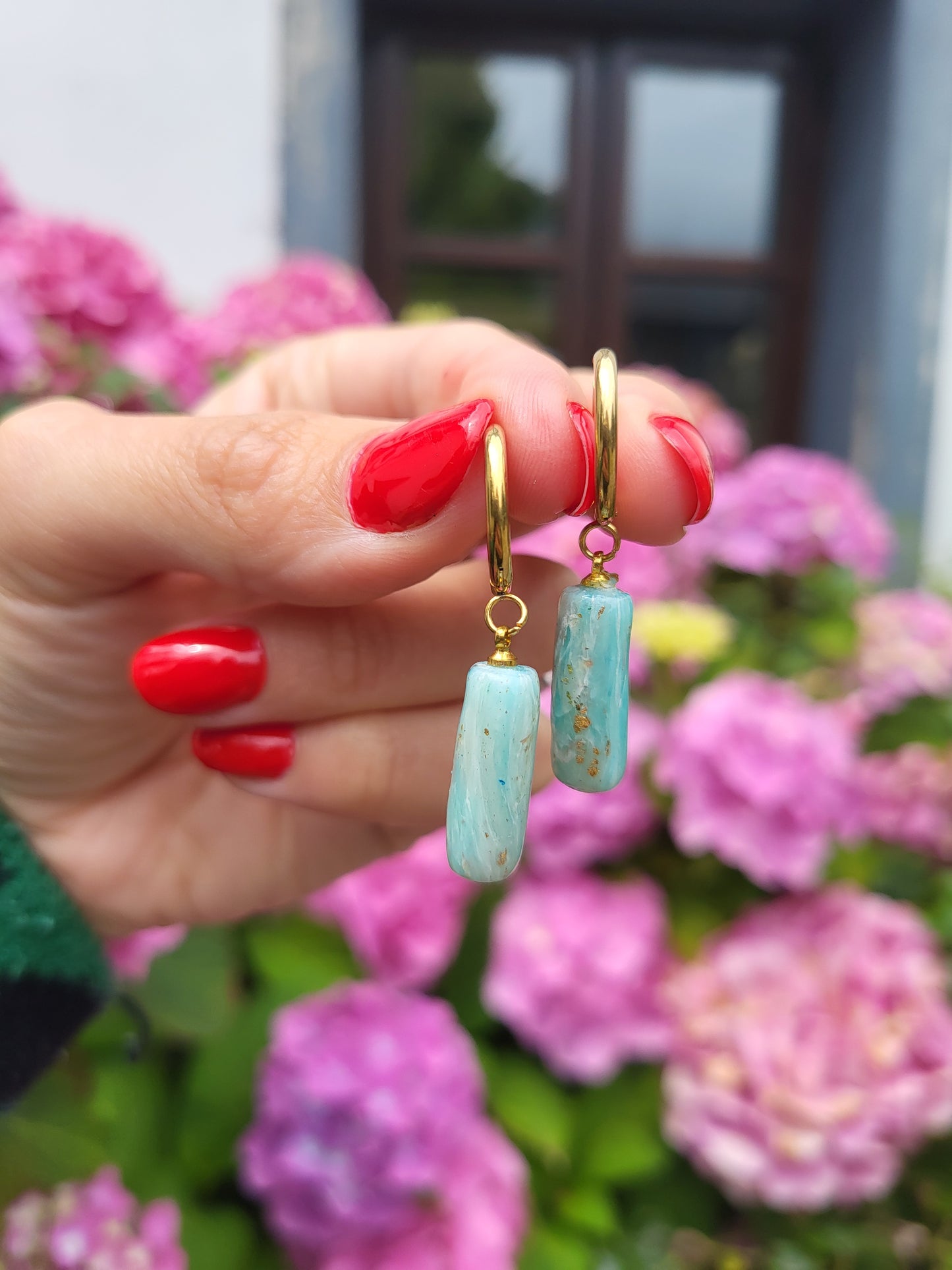 Light blue and gold stone effect hugging hoop earrings
