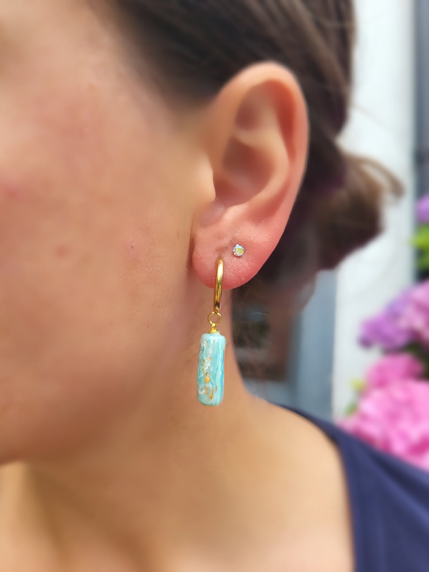 Light blue and gold stone effect hugging hoop earrings