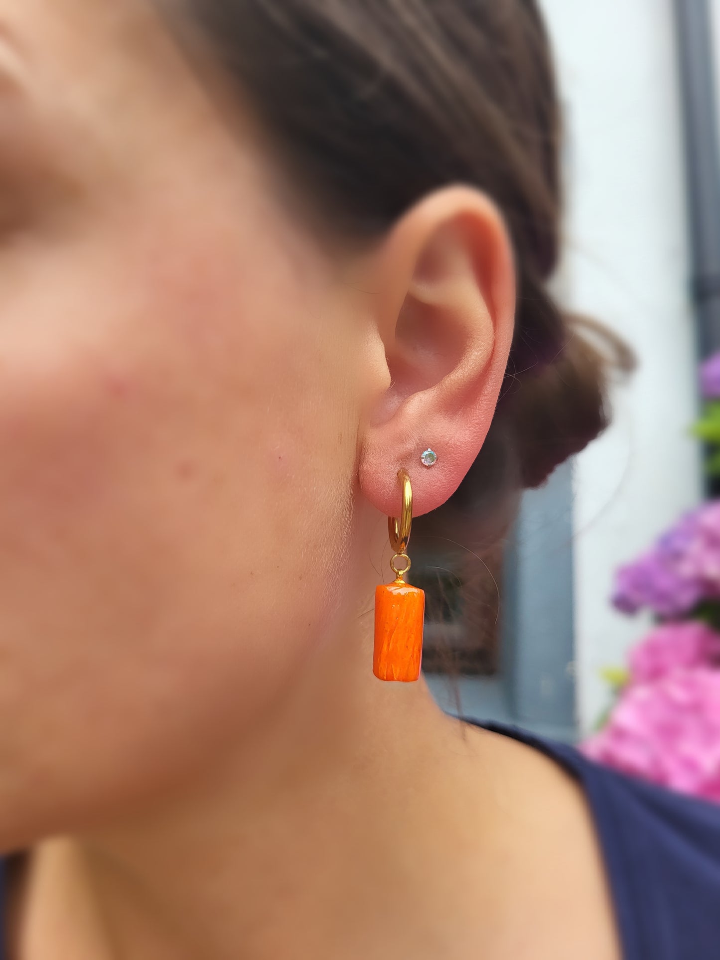 Orange and gold hugging hoop earrings
