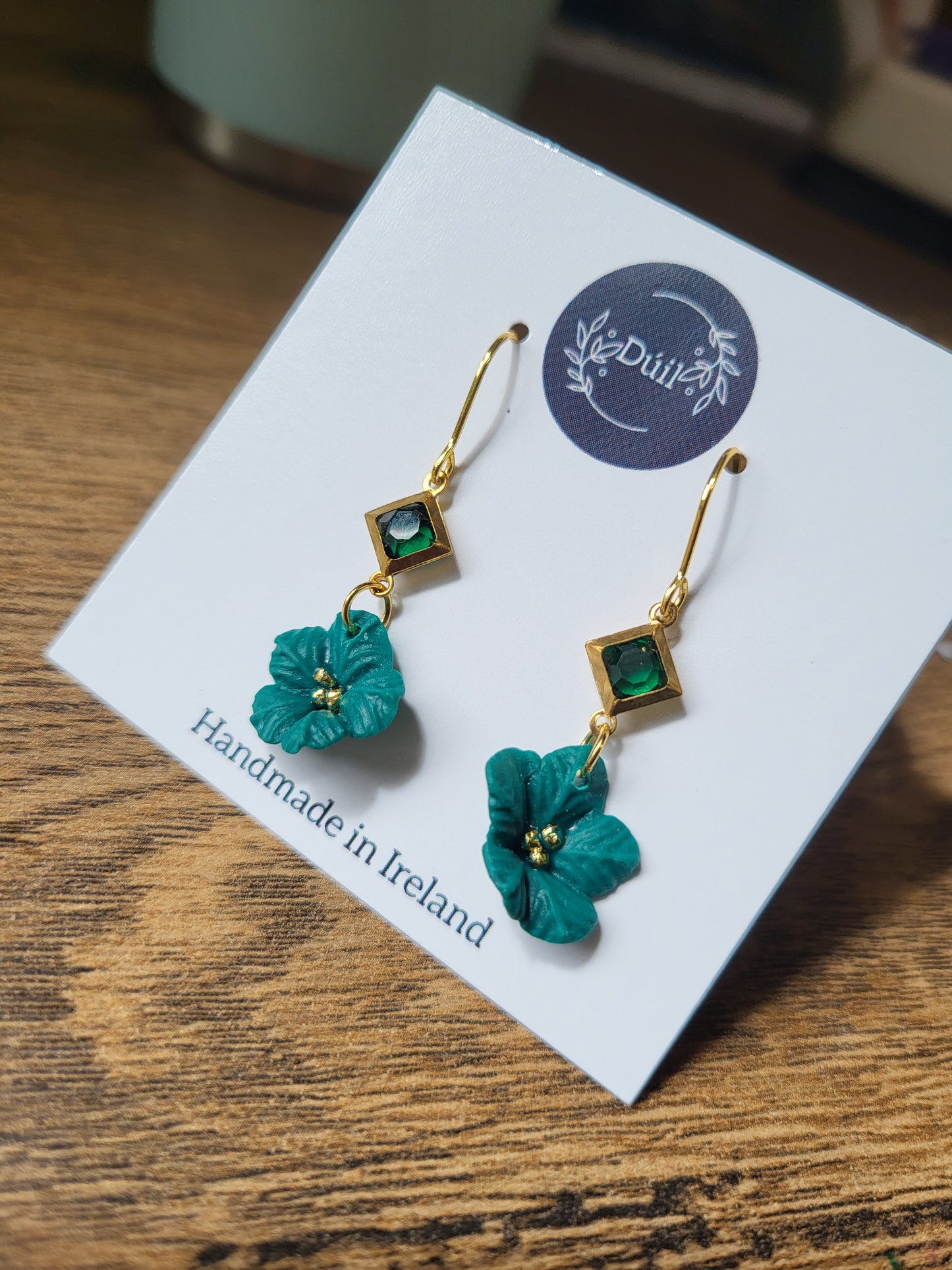 Green and gold flower earrings