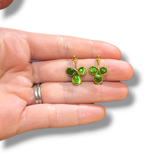 Green Shimmer Shamrock Dainty Dangle Earrings