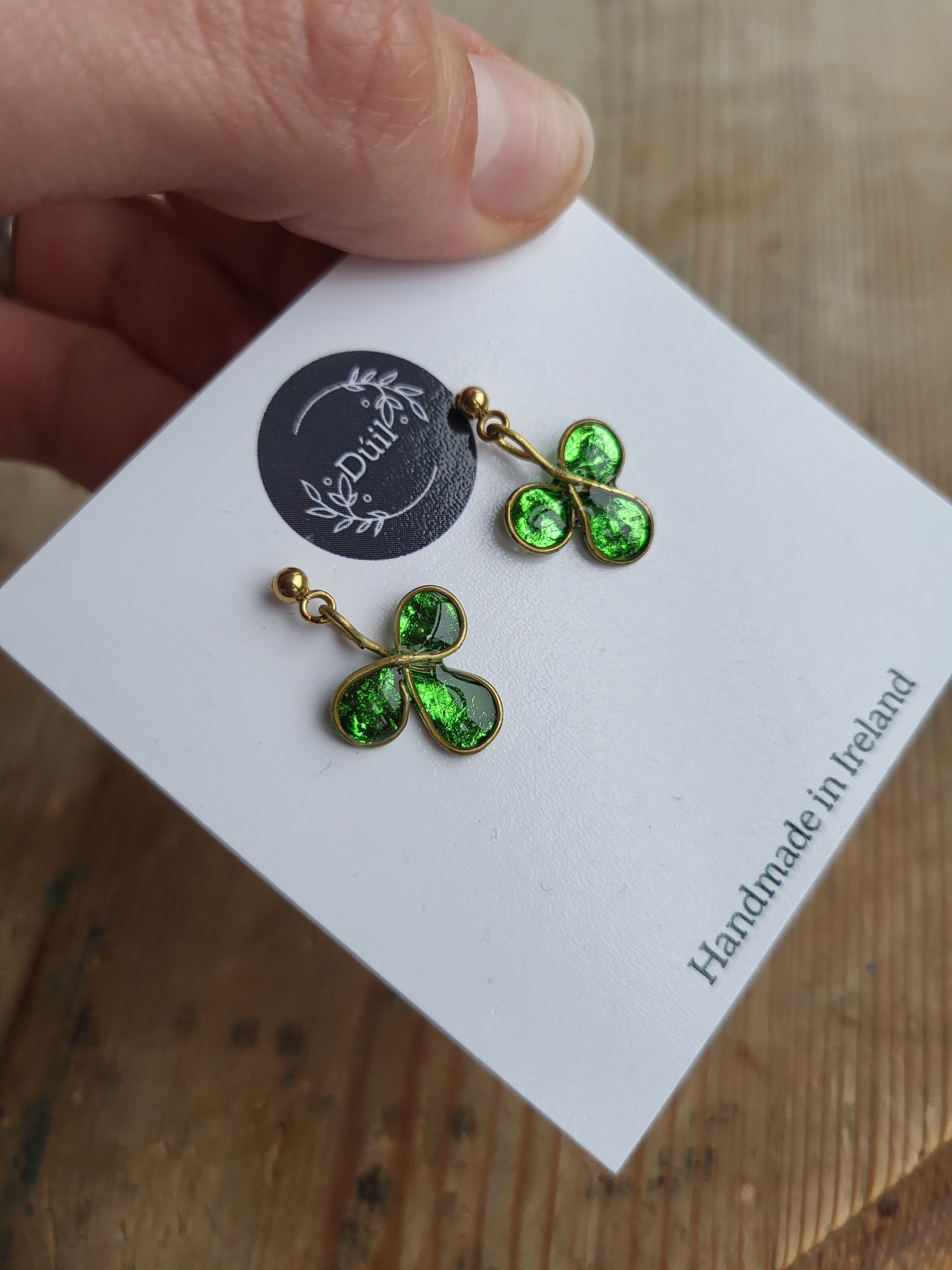 Green Shimmer Shamrock Dainty Dangle Earrings