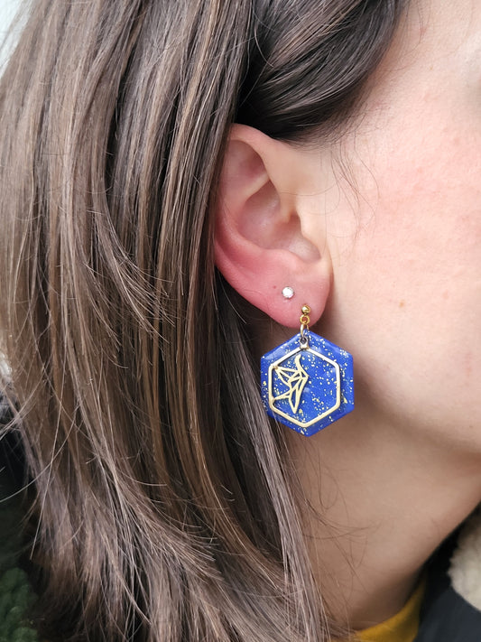 Blue and gold origami bird earrings - Dúil