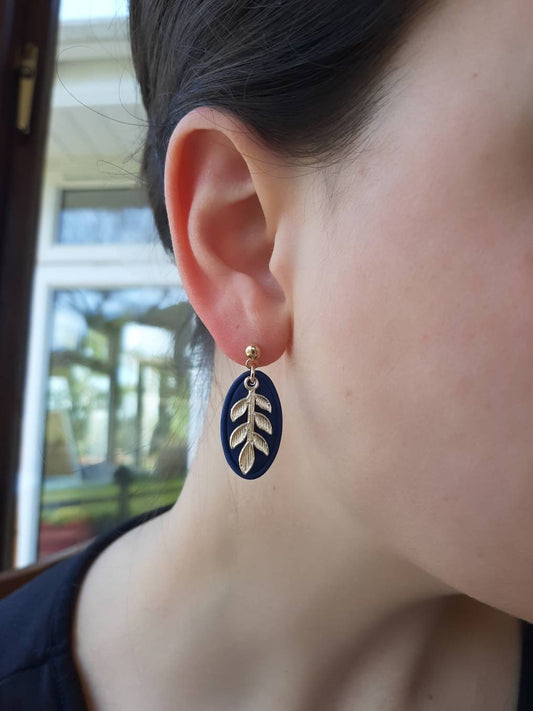 Navy and gold dangling earrings || leaf earrings || polymer clay earrings || handmade in Ireland || gifts for her - Dúil