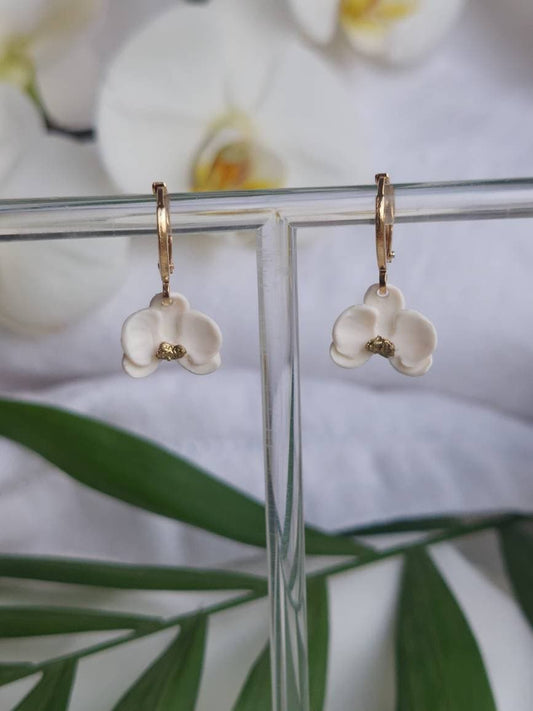 Mini orchid dangling earrings | polymer clay earrings | orchid earrings | Irish made earrings | Dúil | Irish jewellery | flower earrings - Dúil