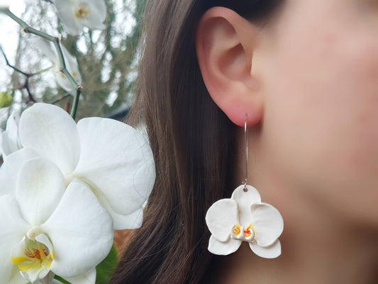 Large Orchid Dangles| polymer clay earrings | orchid earrings | Irish made earrings | Dúil | Irish jewellery | flower earrings - Dúil