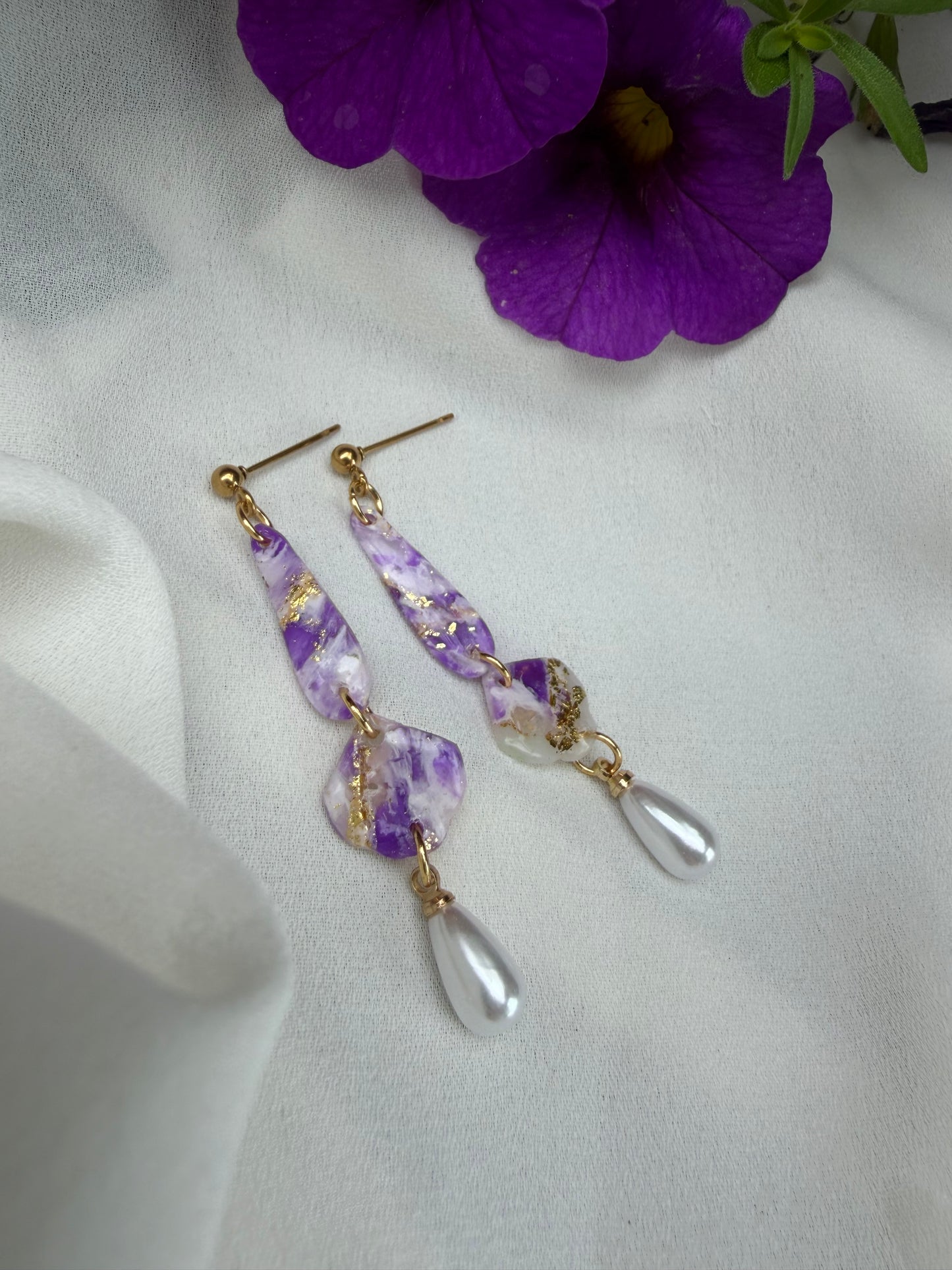 Purple Marble and Gold Dangle Earrings with Pearl Drops