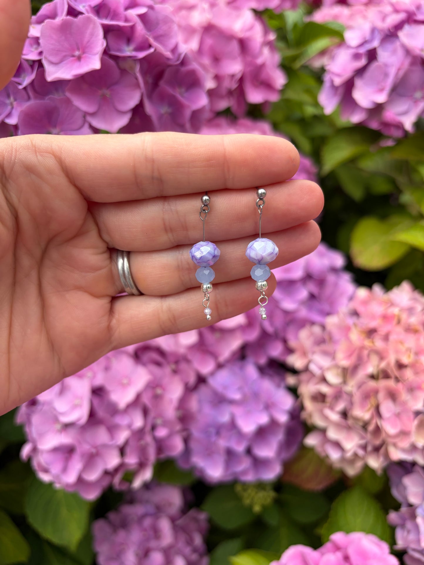 Pastel Purple and Blue Beaded Dangle Earrings