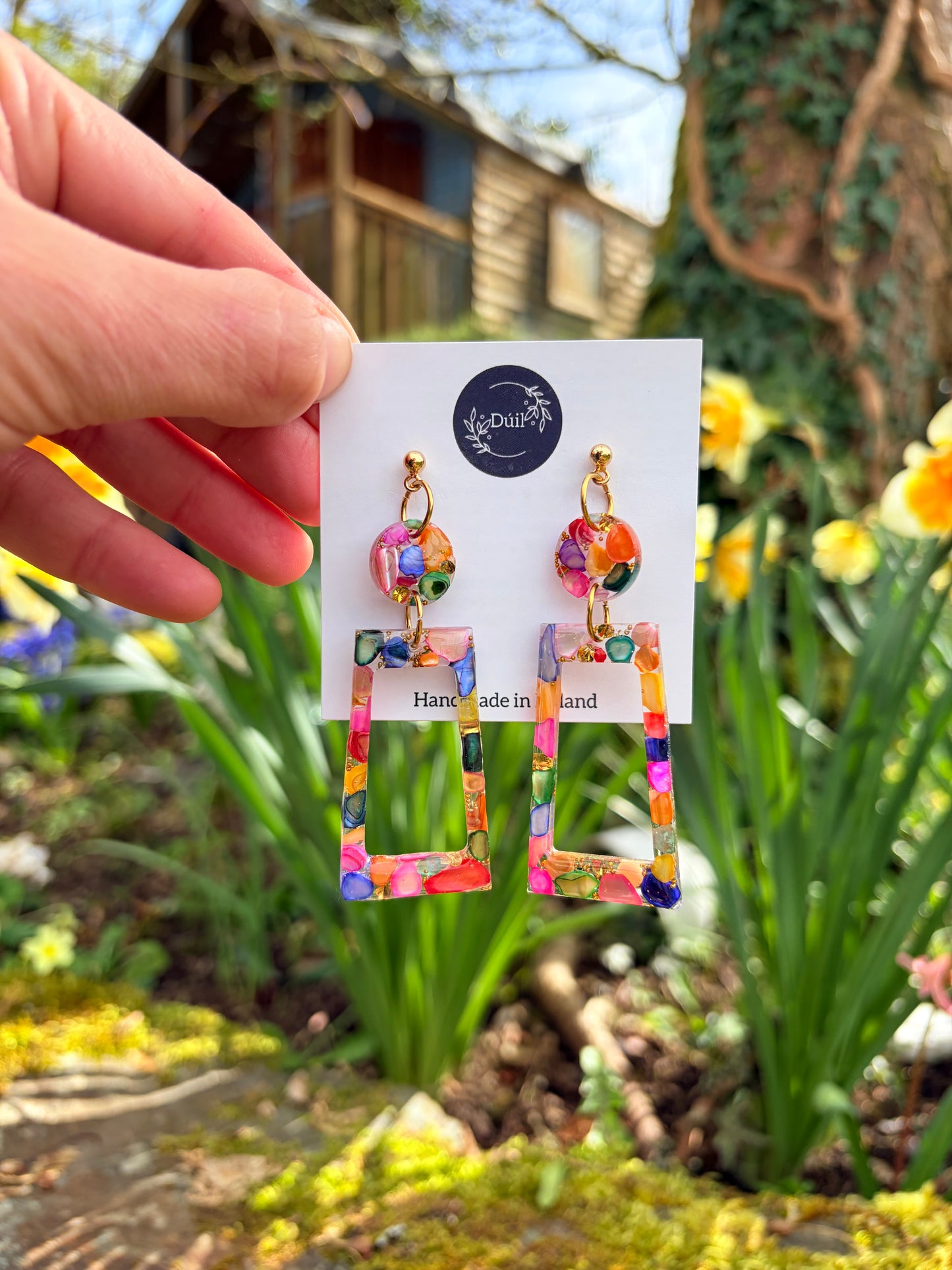 Rainbow Mosaic Resin Drop Earrings