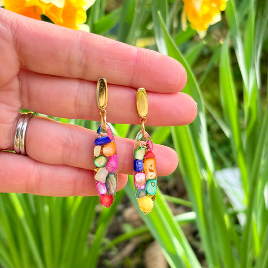 Colourful Pebble Mosaic Resin Drop Earrings