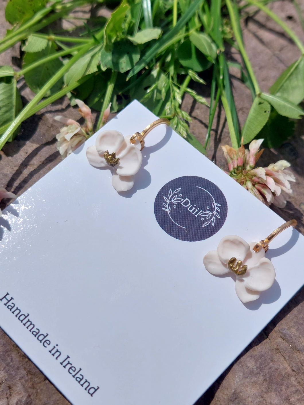 Mini orchid dangling earrings | polymer clay earrings | orchid earrings | Irish made earrings | Dúil | Irish jewellery | flower earrings - Dúil