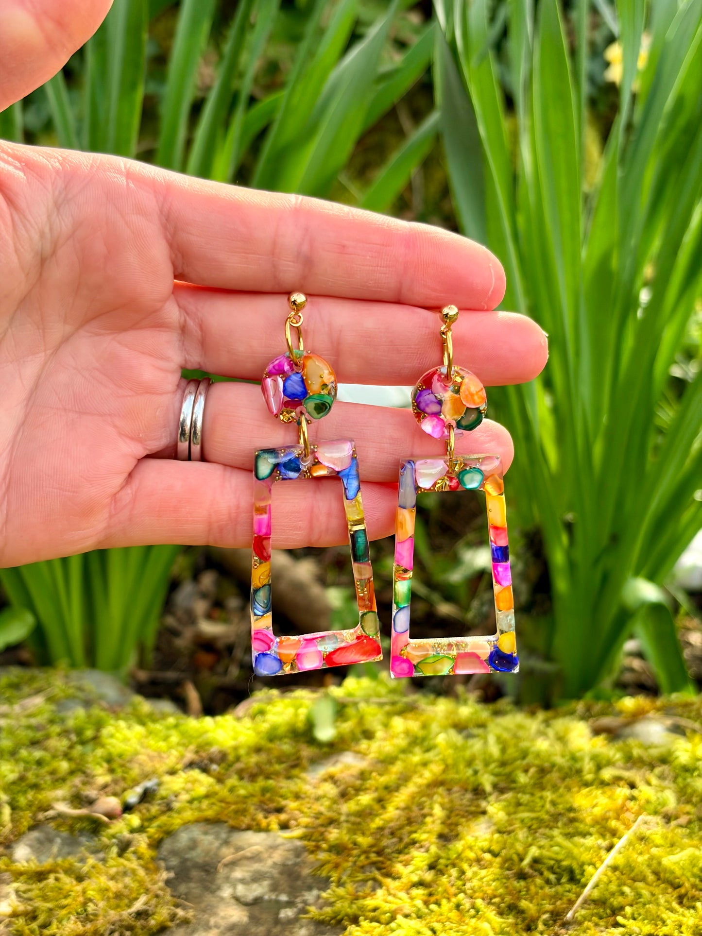 Rainbow Mosaic Resin Drop Earrings