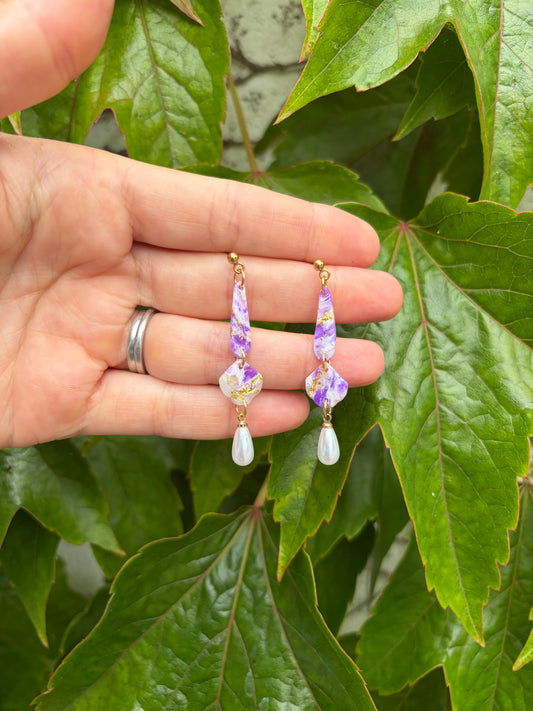 Purple Marble and Gold Dangle Earrings with Pearl Drops
