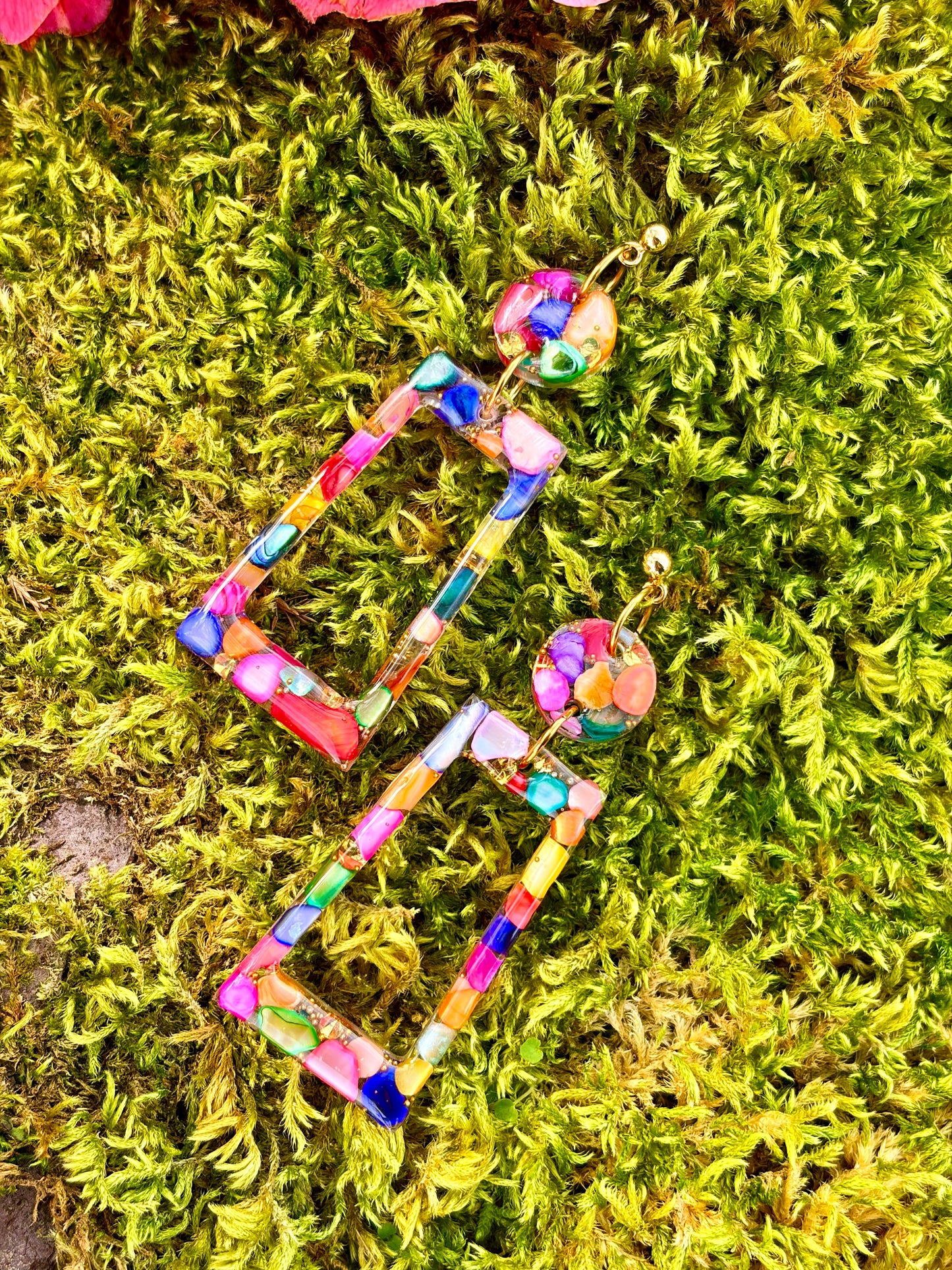 Rainbow Mosaic Resin Drop Earrings
