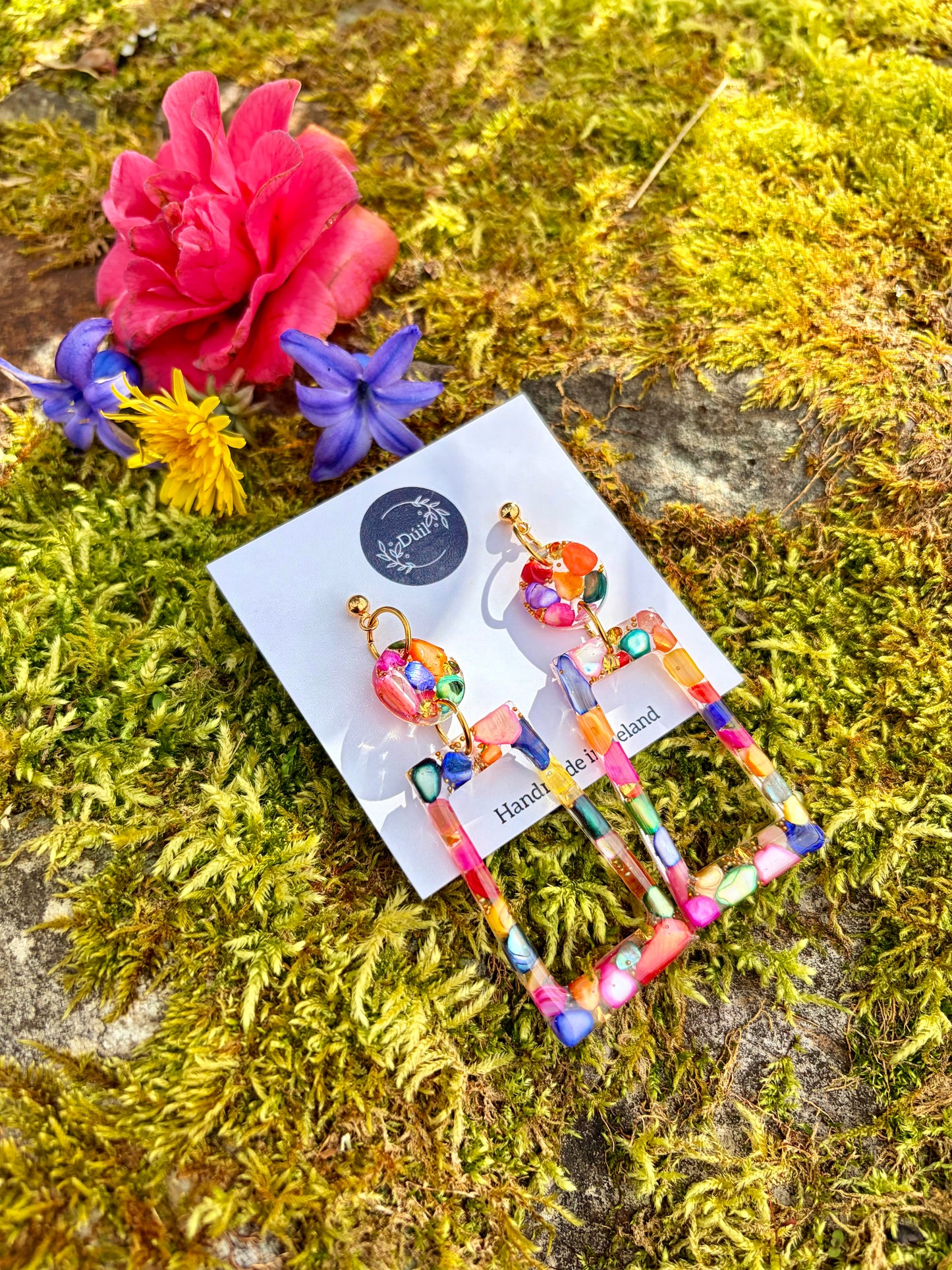 Rainbow Mosaic Resin Drop Earrings