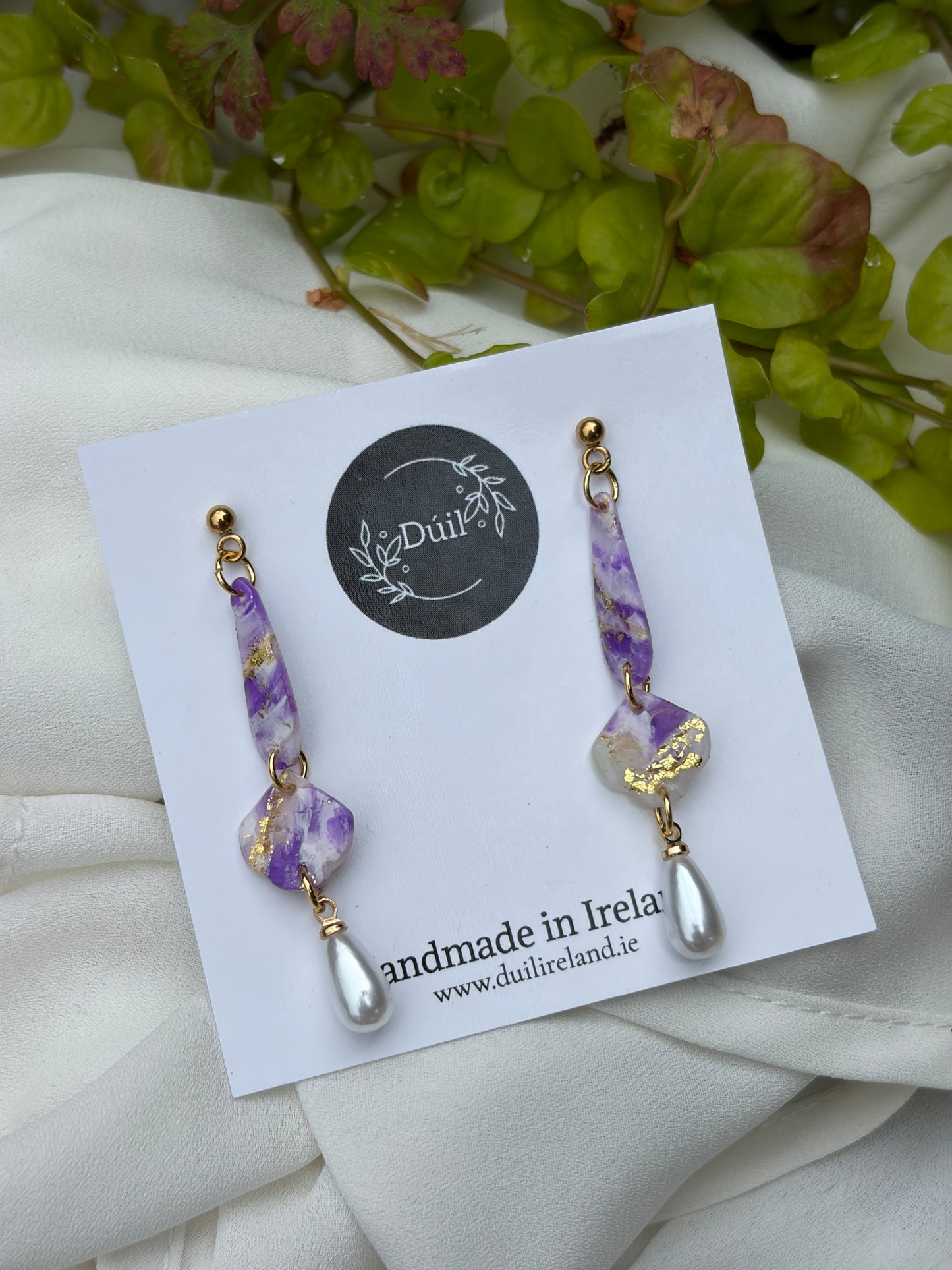 Purple Marble and Gold Dangle Earrings with Pearl Drops