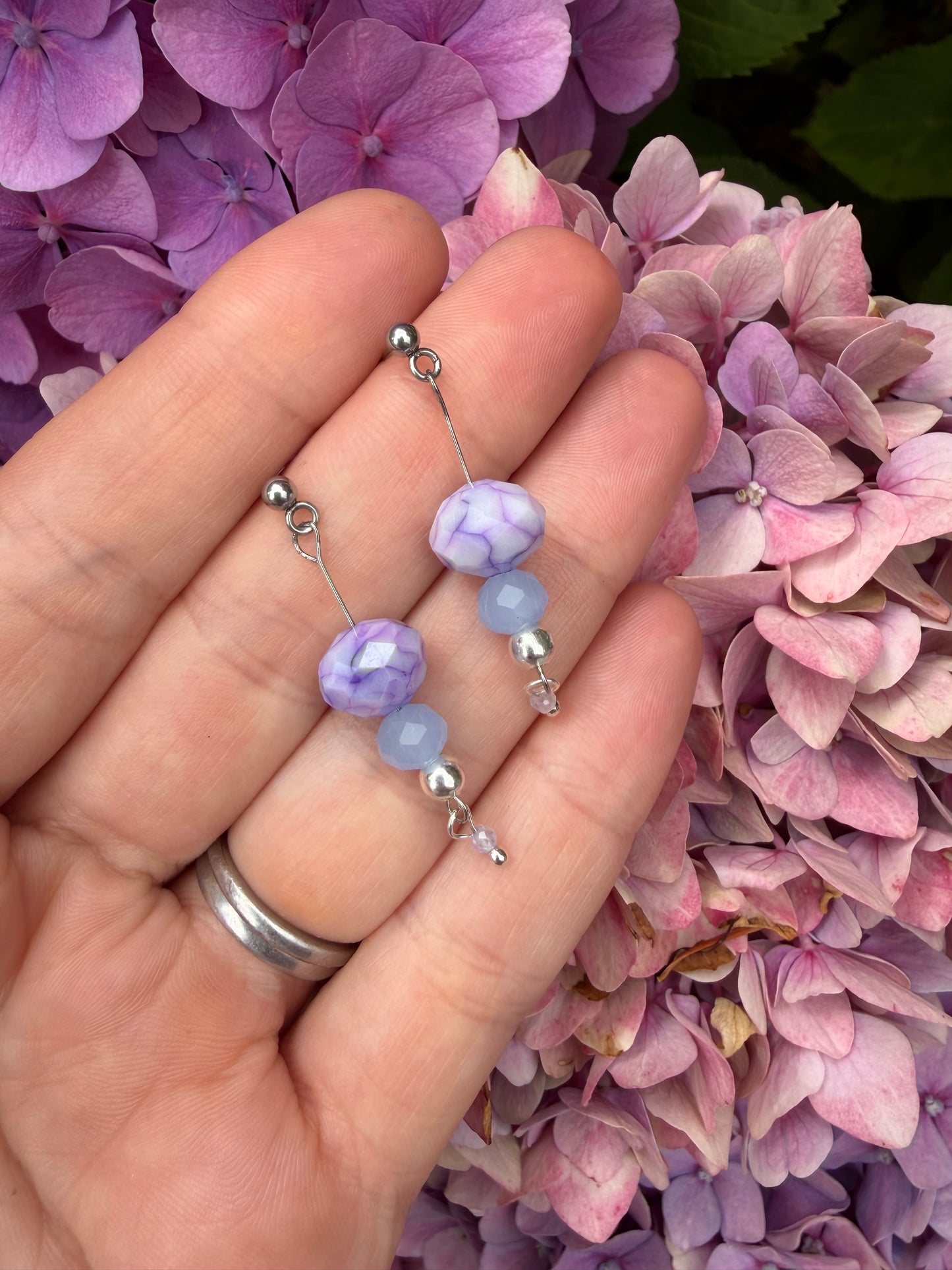 Pastel Purple and Blue Beaded Dangle Earrings