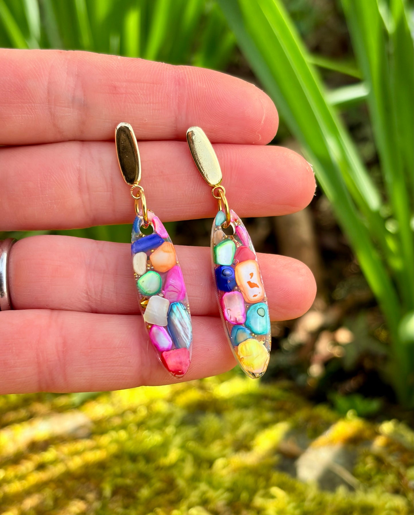 Colourful Pebble Mosaic Resin Drop Earrings