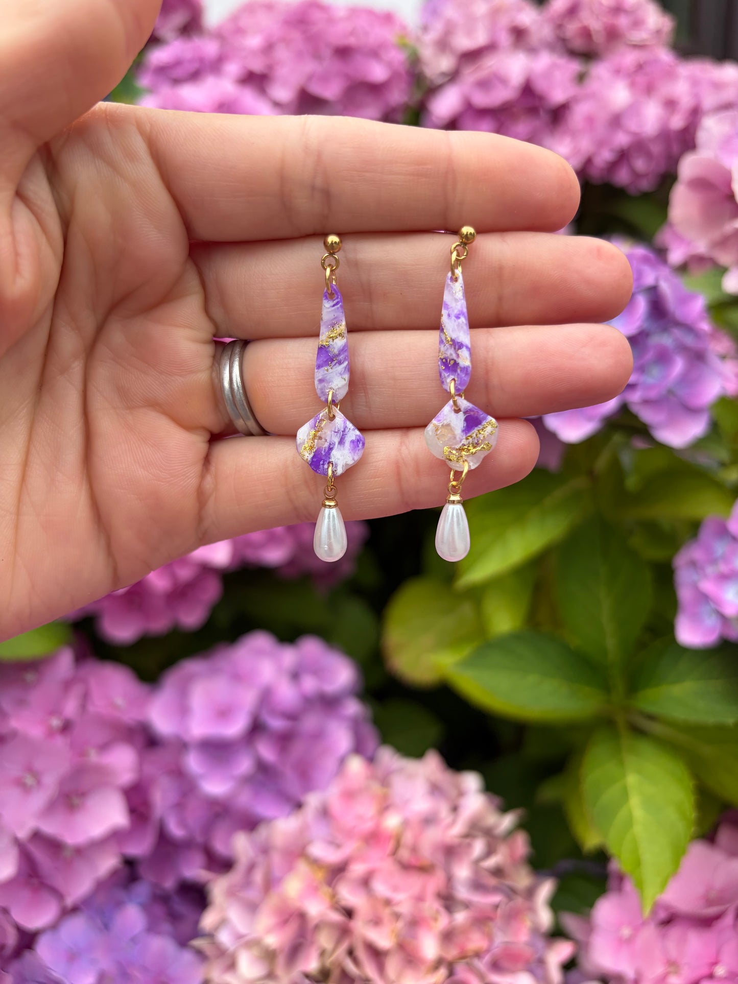 Purple Marble and Gold Dangle Earrings with Pearl Drops