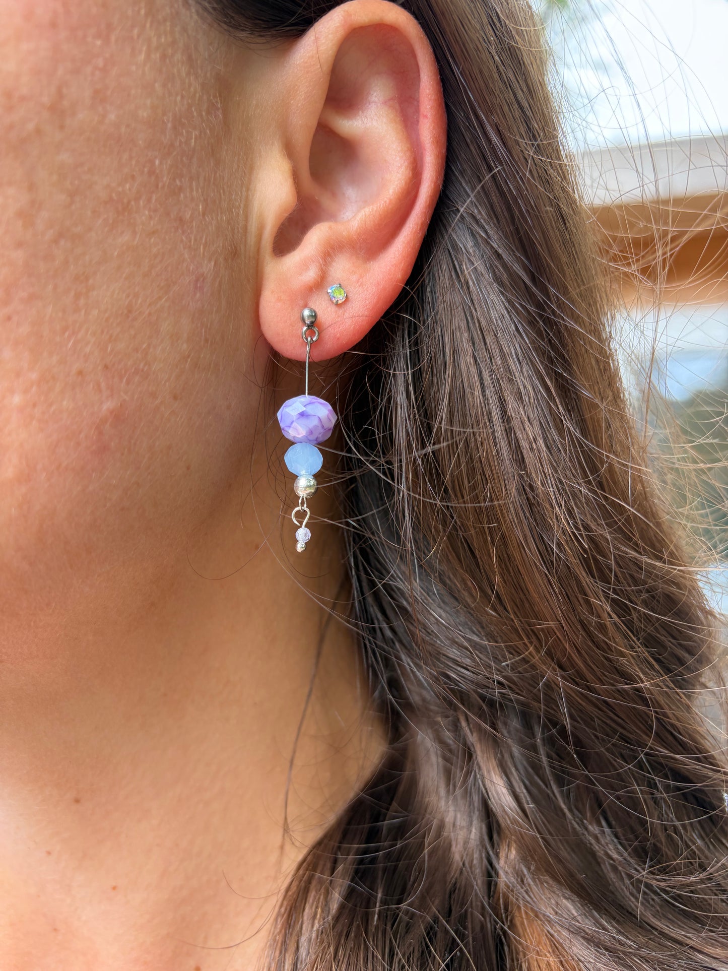 Pastel Purple and Blue Beaded Dangle Earrings