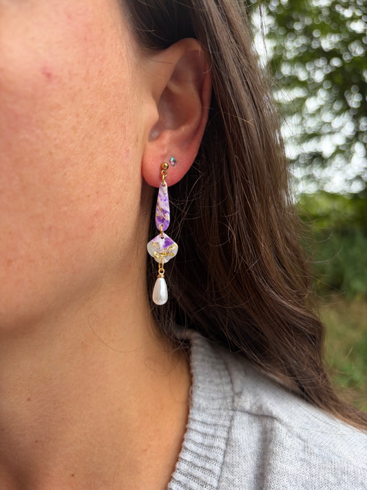 Purple Marble and Gold Dangle Earrings with Pearl Drops