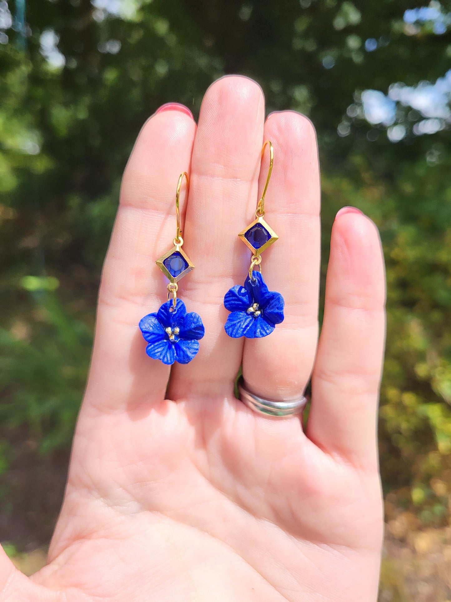Blue and gold flower earrings