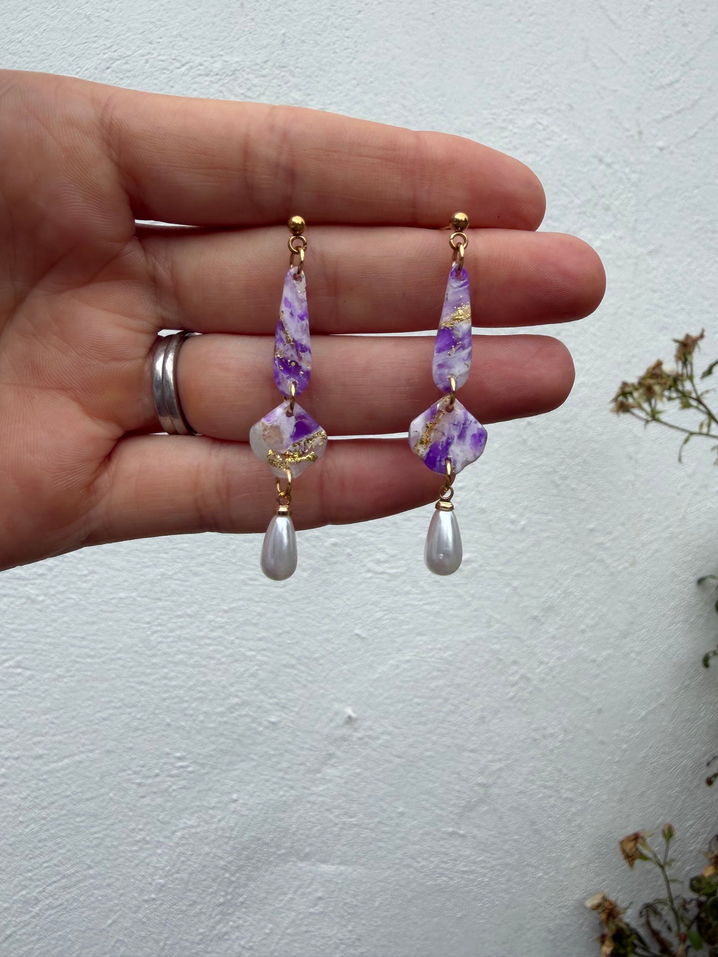 Purple Marble and Gold Dangle Earrings with Pearl Drops