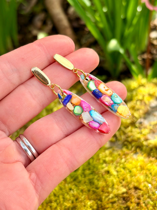Colourful Pebble Mosaic Resin Drop Earrings