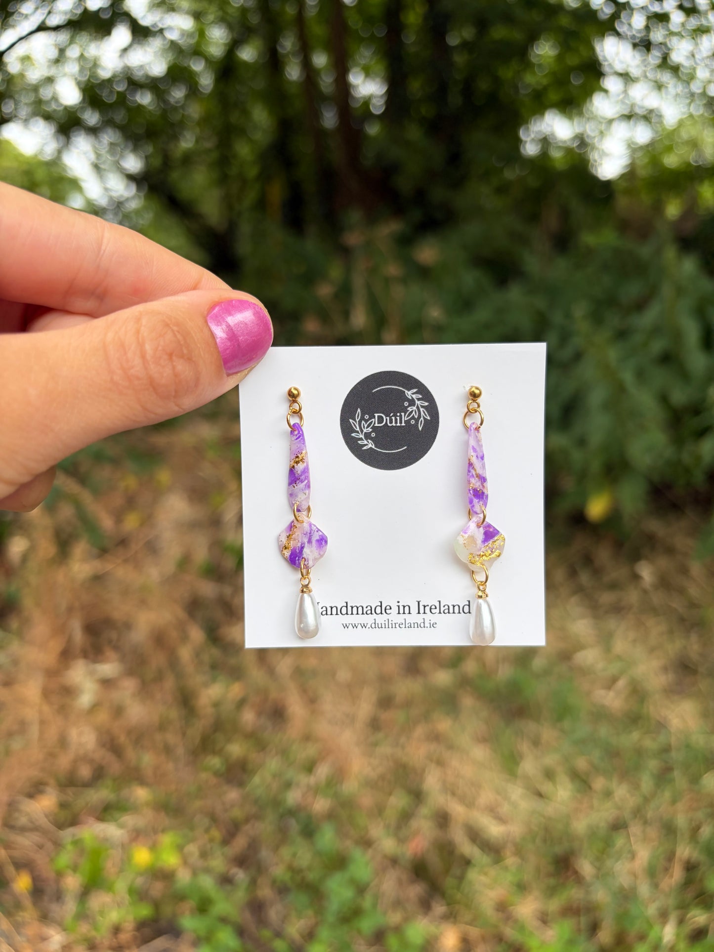 Purple Marble and Gold Dangle Earrings with Pearl Drops