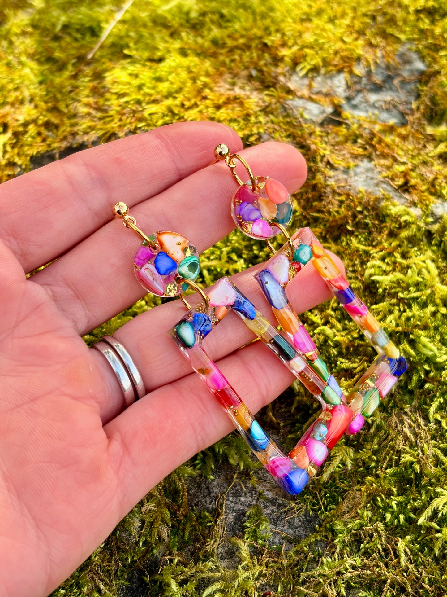 Rainbow Mosaic Resin Drop Earrings