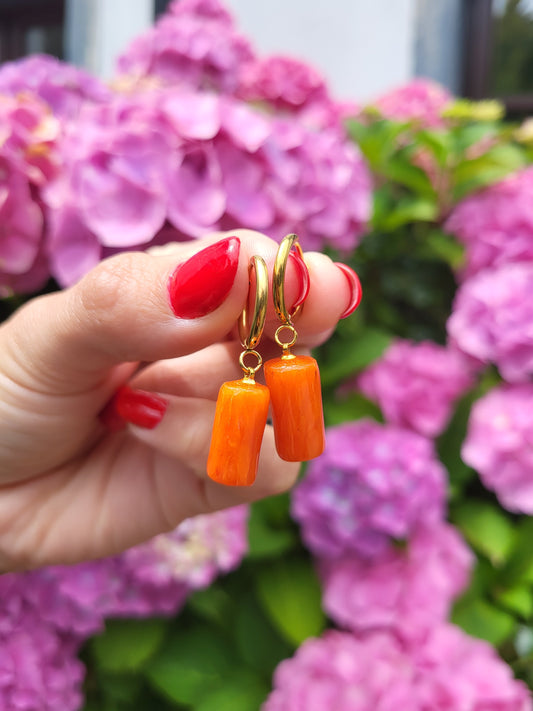 Orange and gold hugging hoop earrings