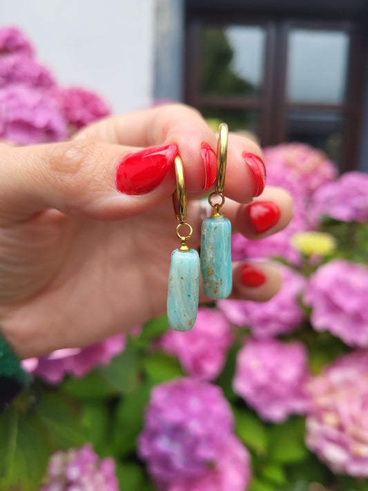 Light blue and gold stone effect hugging hoop earrings