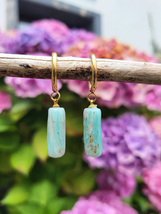 Light blue and gold stone effect hugging hoop earrings