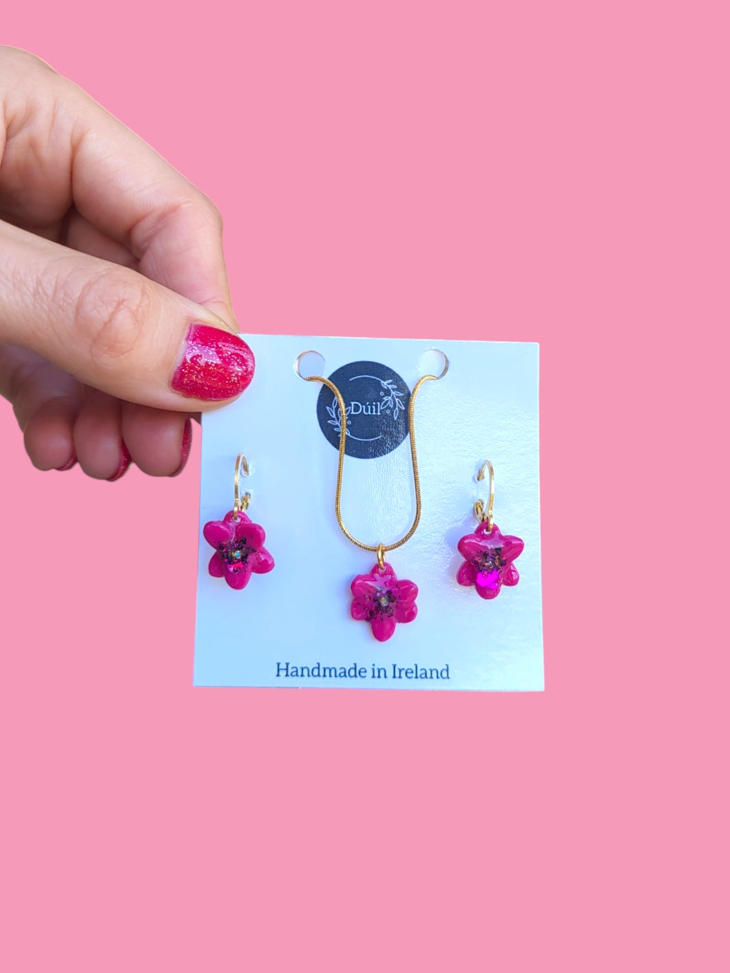 Pink flower necklace and earring set - Dúil