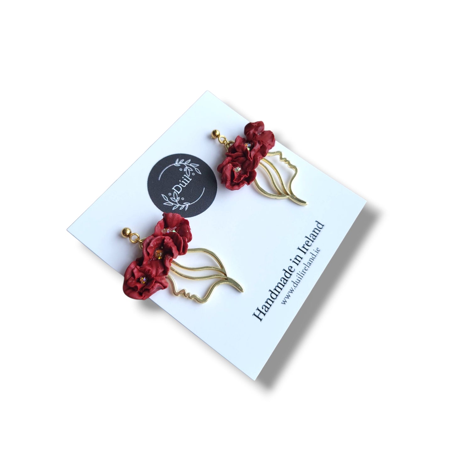 Dúil Doireann Deep Red Flower Goddess Statement Earrings - Handmade Irish Jewellery