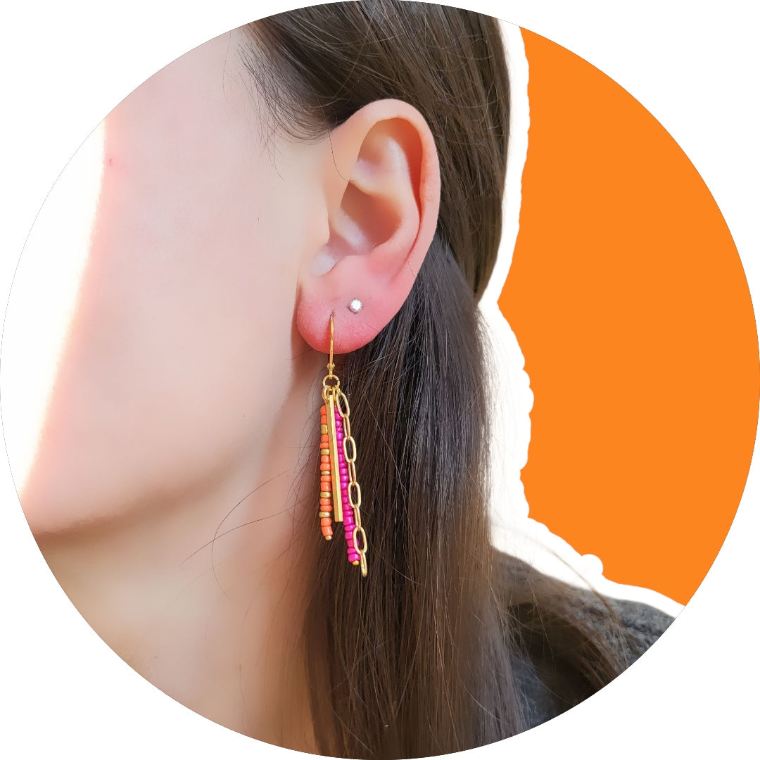 Pink and Orange Beaded Dangle Earrings