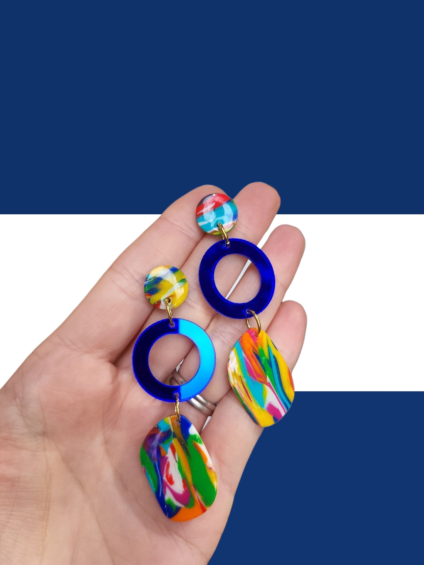 Colourful Modern Dangle Earrings with Blue Hoop