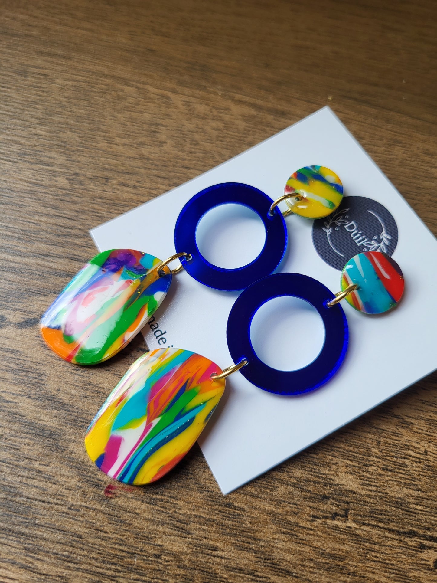 Colourful Modern Dangle Earrings with Blue Hoop