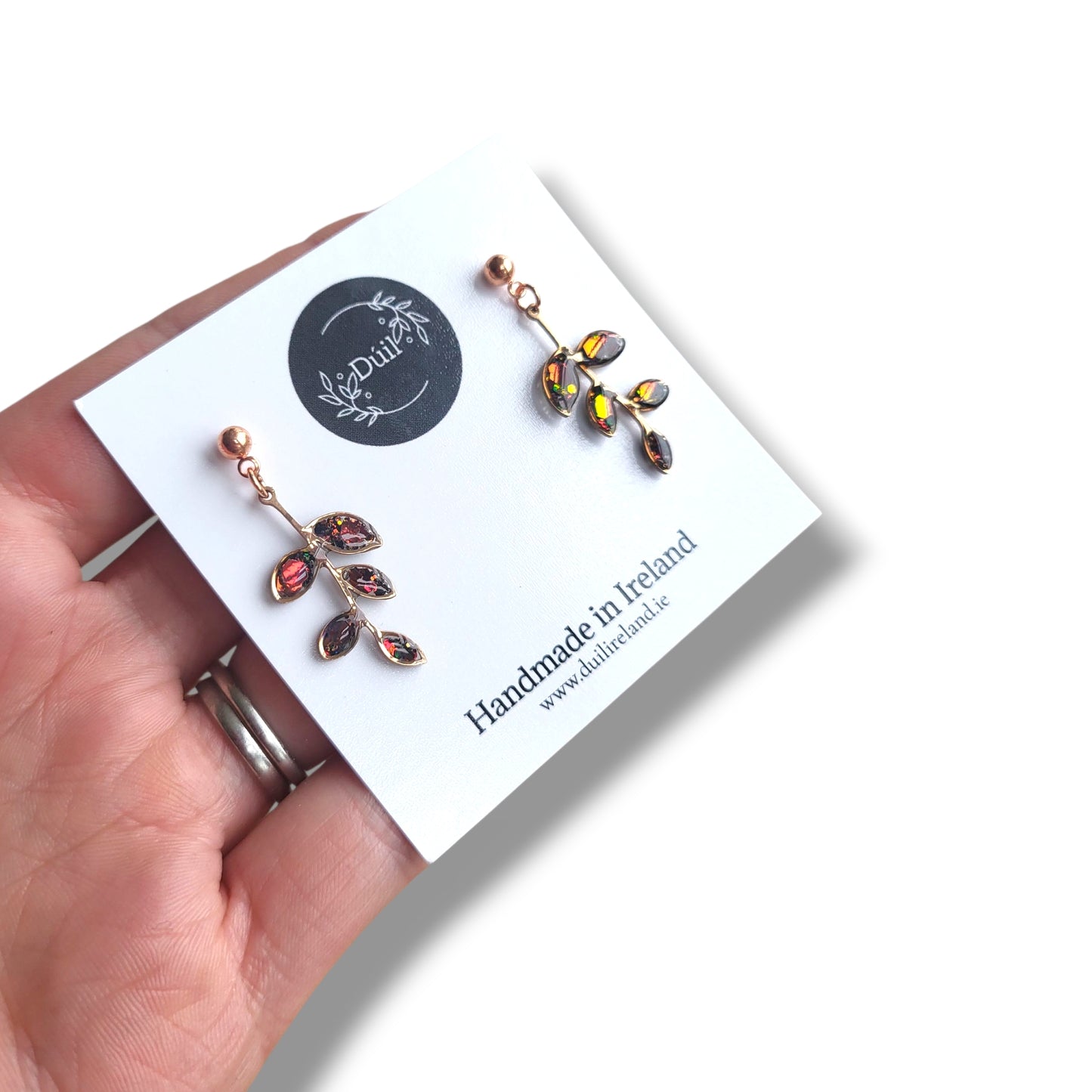 Garnet & Rose Gold Leaf Drop Earrings, Handmade Irish Jewellery, Botanical Collection