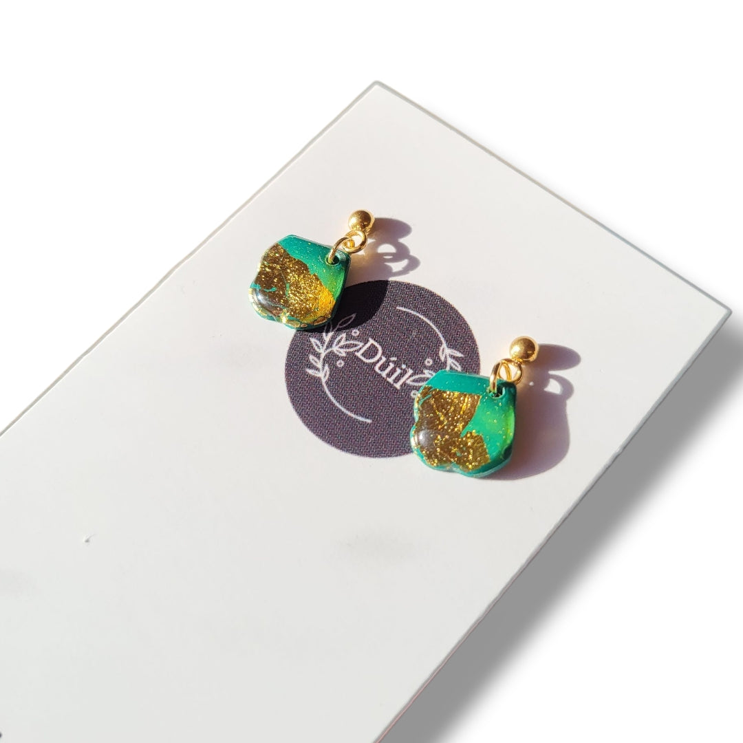 Dark Green & Gold Dainty Dangle Earrings