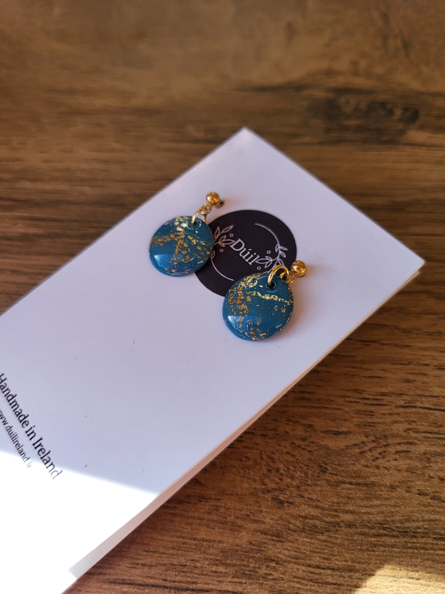 Deep Teal and Gold Dainty Dangle Earrings