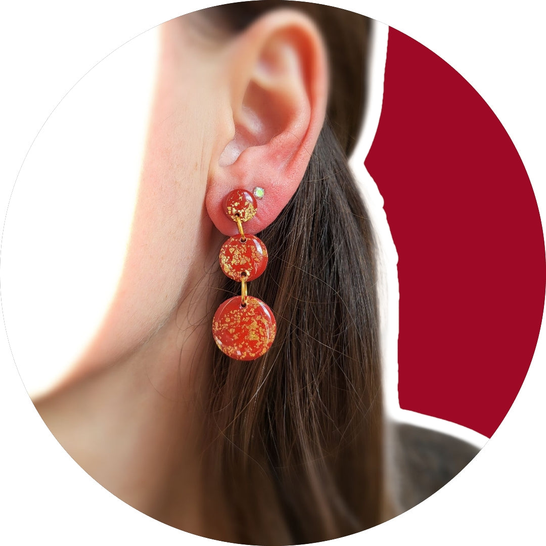 Deep Red and Gold Boho Dangle Earrings