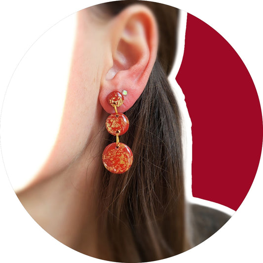 Deep Red and Gold Boho Dangle Earrings