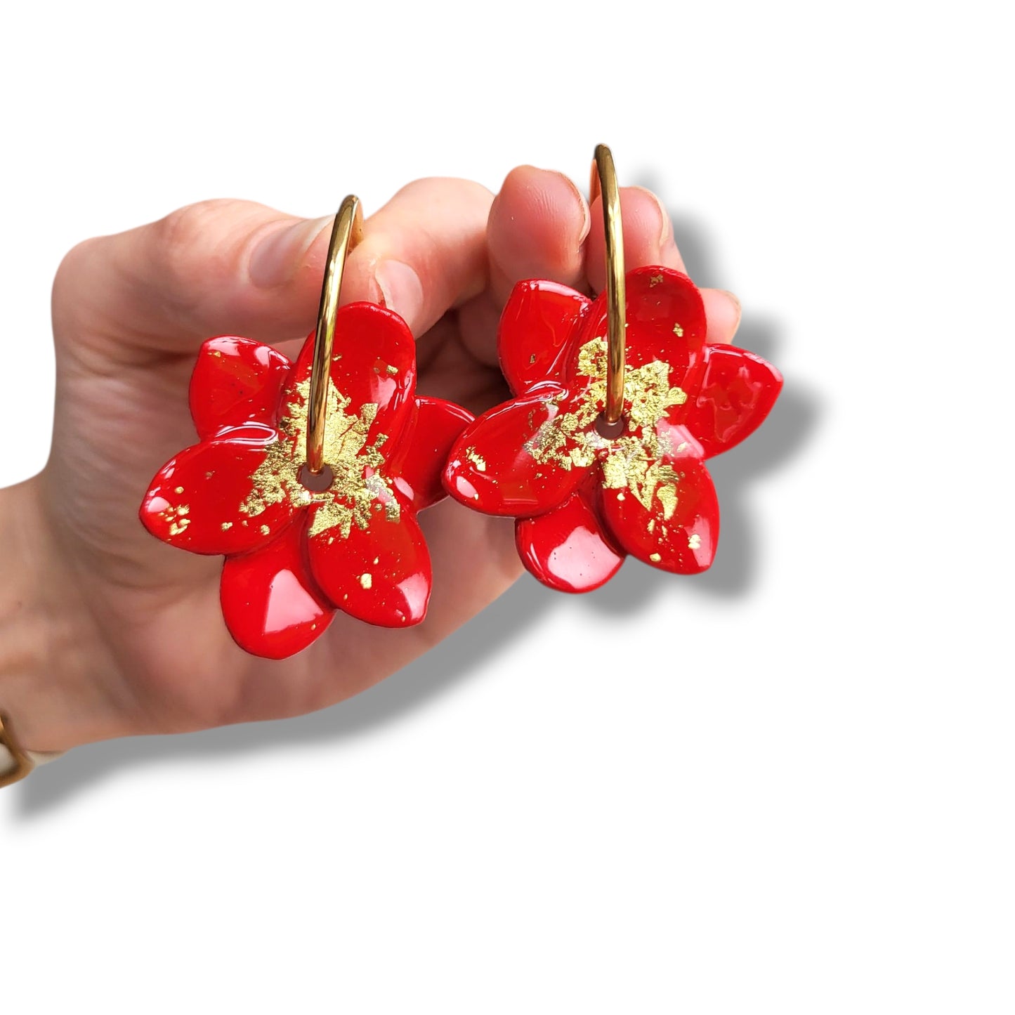 Red and Gold Flower Hoop Earrings