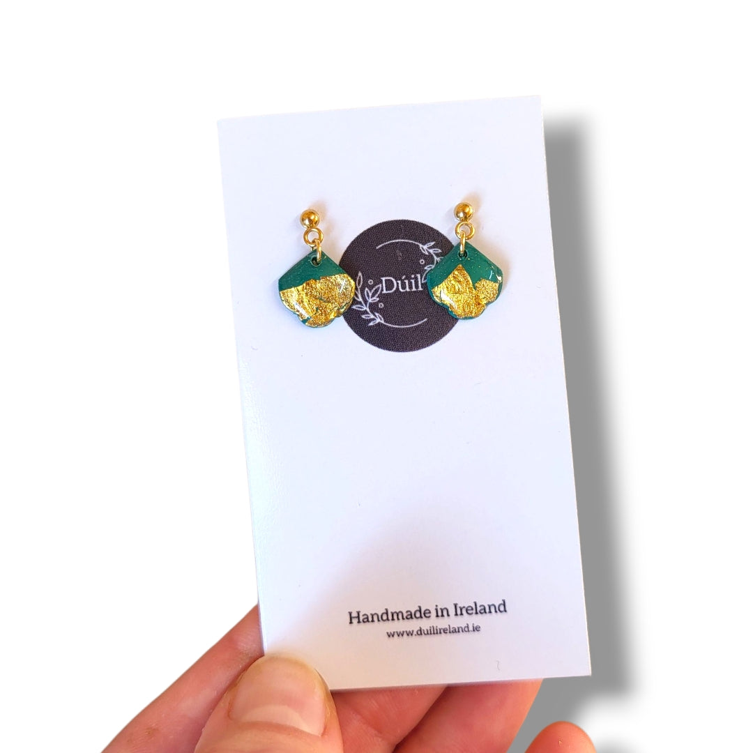 Dark Green & Gold Dainty Dangle Earrings