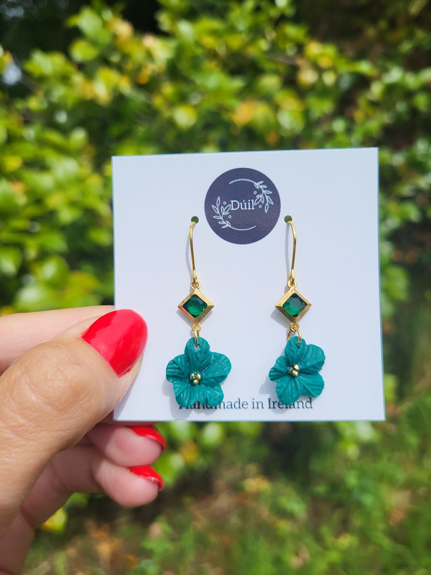 Green and gold flower earrings